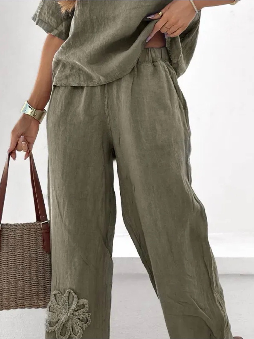 Olive Green Wide-Leg Linen Pants & Blouse Casual Comfort
